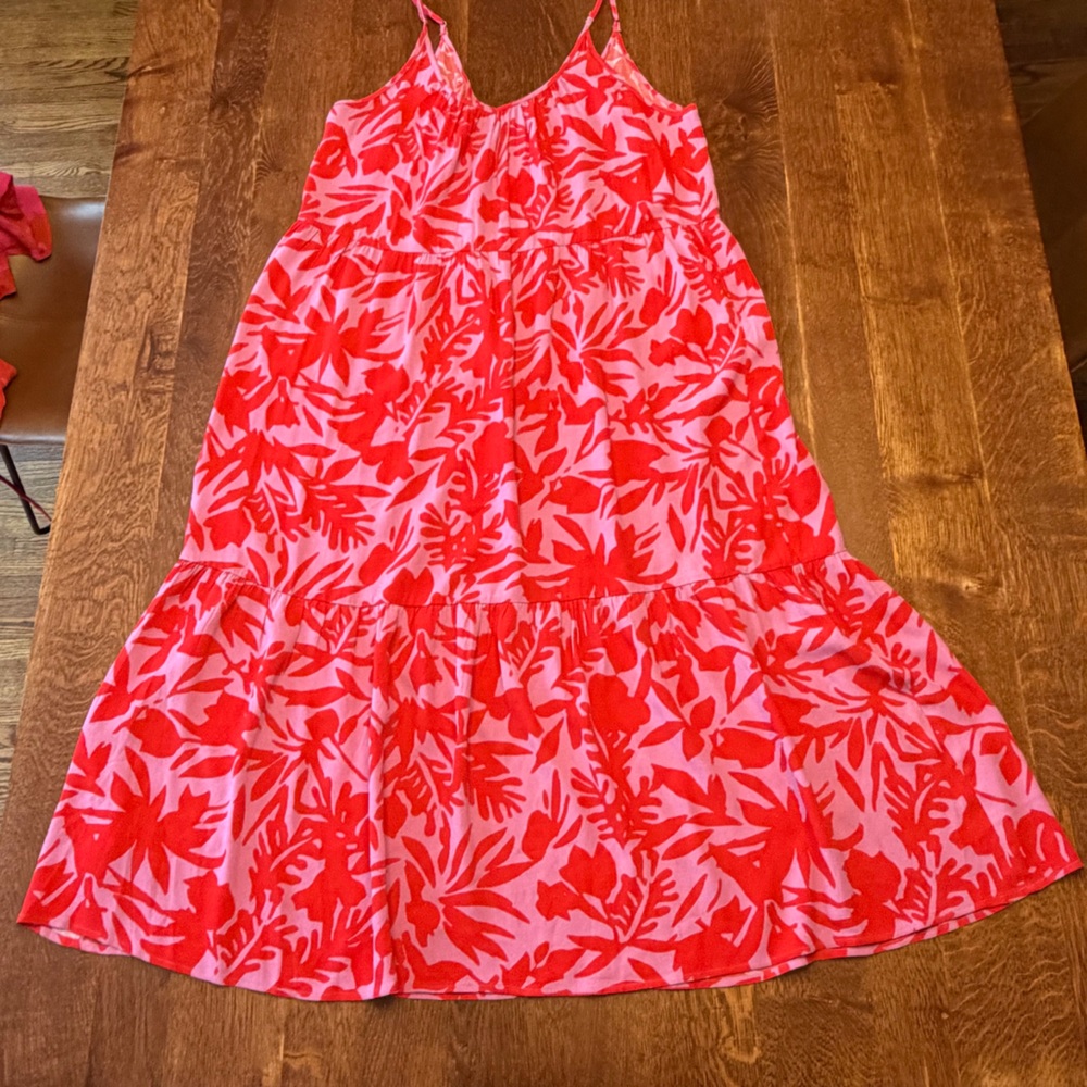LOFT Red and Pink Patterned midi dress